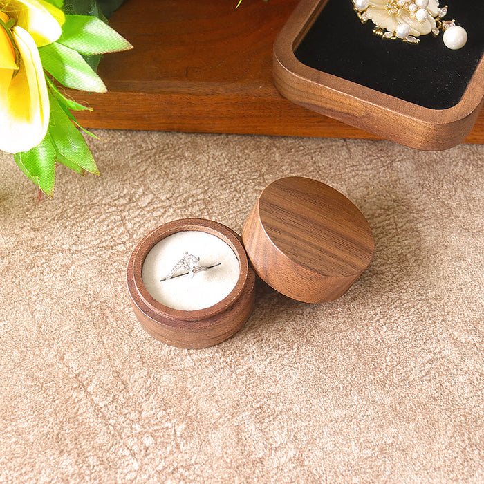 Walnut Wooden Small Jewelry Ring Box with Two Slots Black Velvet