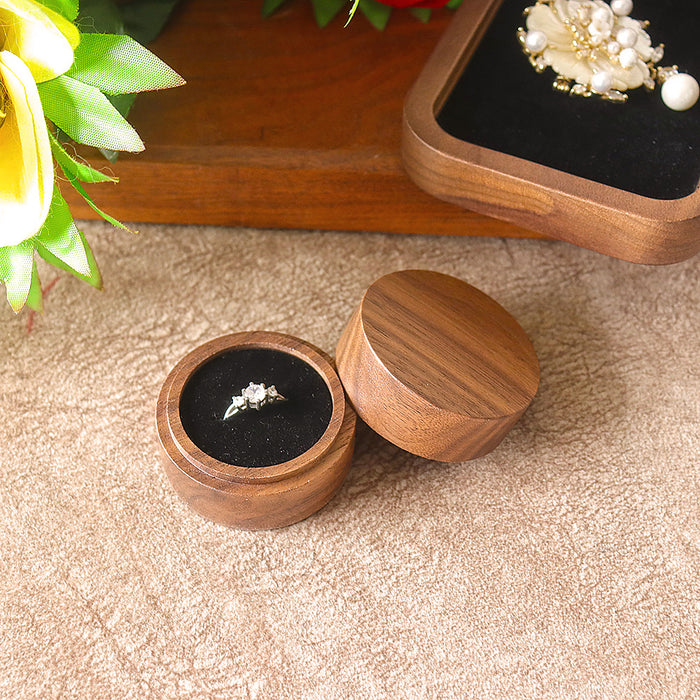 Walnut Wooden Small Jewelry Ring Box with Two Slots Black Velvet