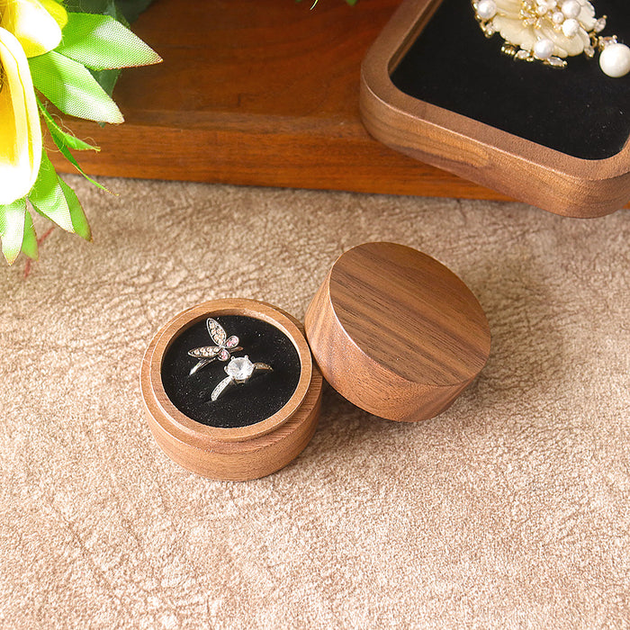 Walnut Wooden Small Jewelry Ring Box with Two Slots Black Velvet
